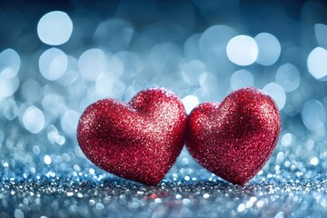 Obraz premium Shimmering Red Glitter Hearts on Bright Blue Sparkling Background: A Symbol of Love and Romance Ideal for Valentine's Day Celebrations