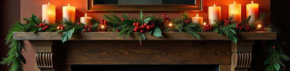 Wooden mantelpiece with a festive swag and candles, winter wonderland, holiday decor, holly leaves