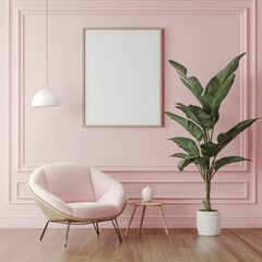 Pink room, minimal design with chair and plant, frame mockup, 3D visual.