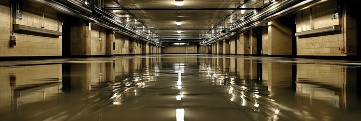 Obraz premium A Nearly Empty Underground Parking Garage with Reflection on the Wet Floor and Minimal Lighting, Displaying Modern Infrastructure in an Urban Setting