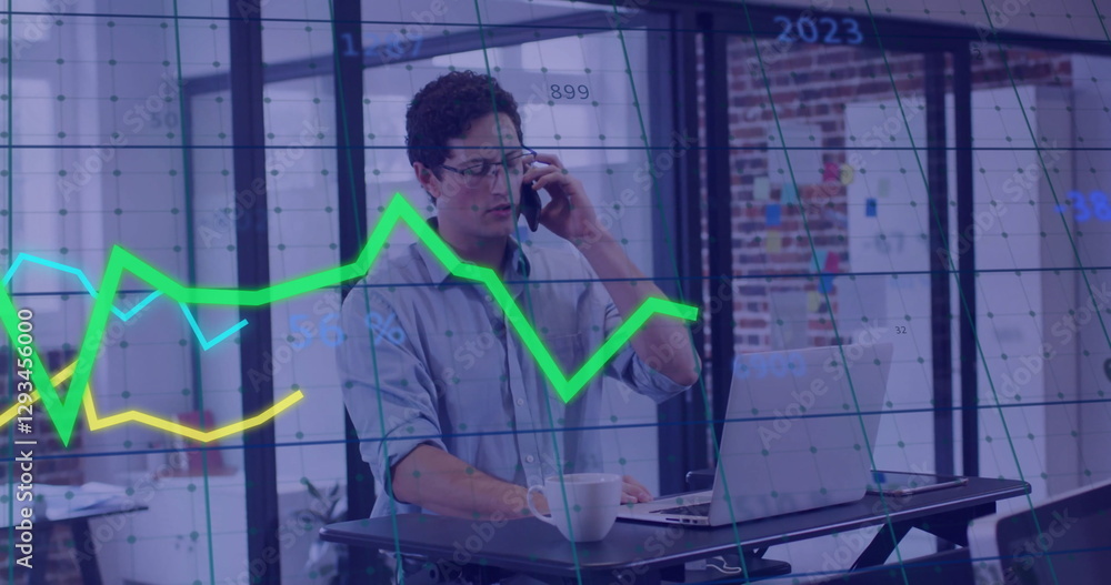 Aufkleber image of financial data processing over caucasian businessman using smartphone in office