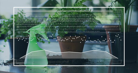Image of data processing over plants in pots in row at home