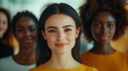 Fototapeta premium Close-up portrait of women from different ethnicities standing side by side in an office setting, looking at the camera with determination and confidence. 