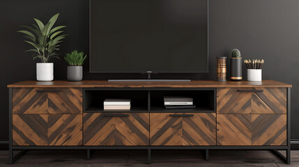 Modern Wooden TV Stand with Plants and Decor