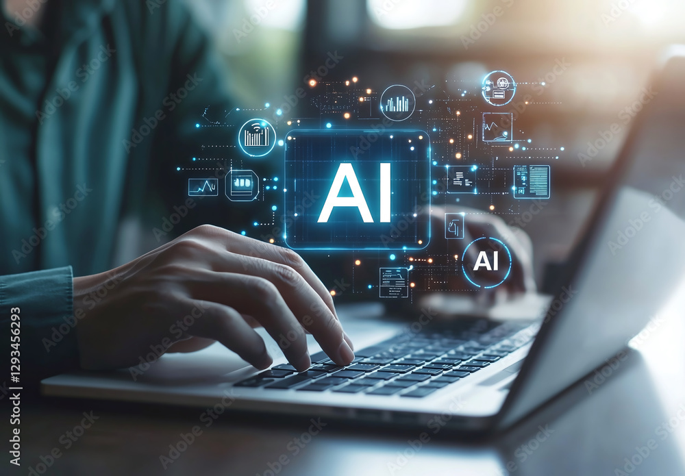 Poster a person working on a laptop with an ai interface overlay