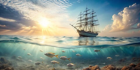 Obraz premium Majestic Tall Ship Sailing Under Beautiful Sunset Over Ocean Waters