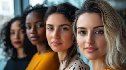 Fototapeta premium Close-up portrait of women from different ethnicities standing side by side in an office setting, looking at the camera with determination and confidence. 