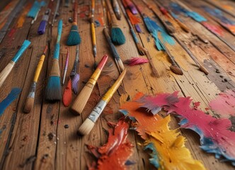 Obraz premium Wooden surface adorned with vibrant artistic brushes in various shapes and sizes, displaying different brush textures and colors , artistic expression, artistic tools