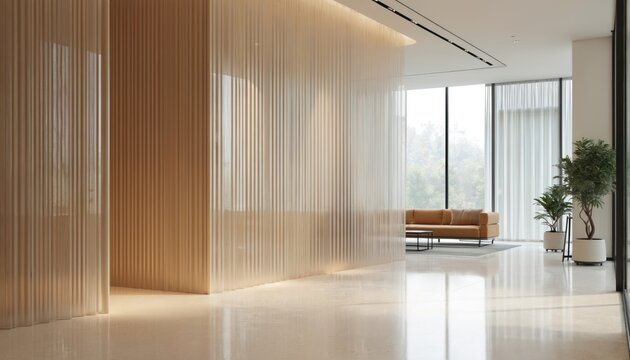 Reeded glass panels enhance modern office, creating sophisticated architectural design element. Sleek, contemporary structure with semi-transparent feature workspace. Refined trendy interior,