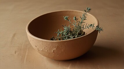 Minimalist ceramic bowl with dry plant background. Copy space flat lay.