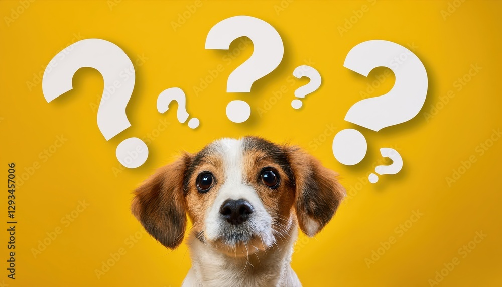 Poster cute confused little dog with question marks isolated on bright yellow background playful and whimsi