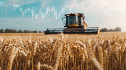 Wheat field with combine harvester and stock market chart overlay. Concept of agriculture, commodities, and investment.