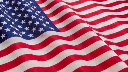 Fototapeta premium United States flag with fabric texture. Close-up of a ruffled American flag. Satin texture curved flag of USA. Memorial Day or the 4th of July. Banner, freedom concept. 