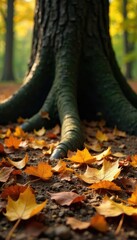 Golden leaves scattered on forest floor amidst tree roots, decay, landscape, foliage