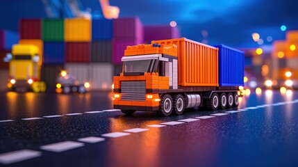 A colorful toy truck with shipping containers in the background, set against a twilight sky, highlighting logistics and transportation themes.cargo management warehouse scheduling