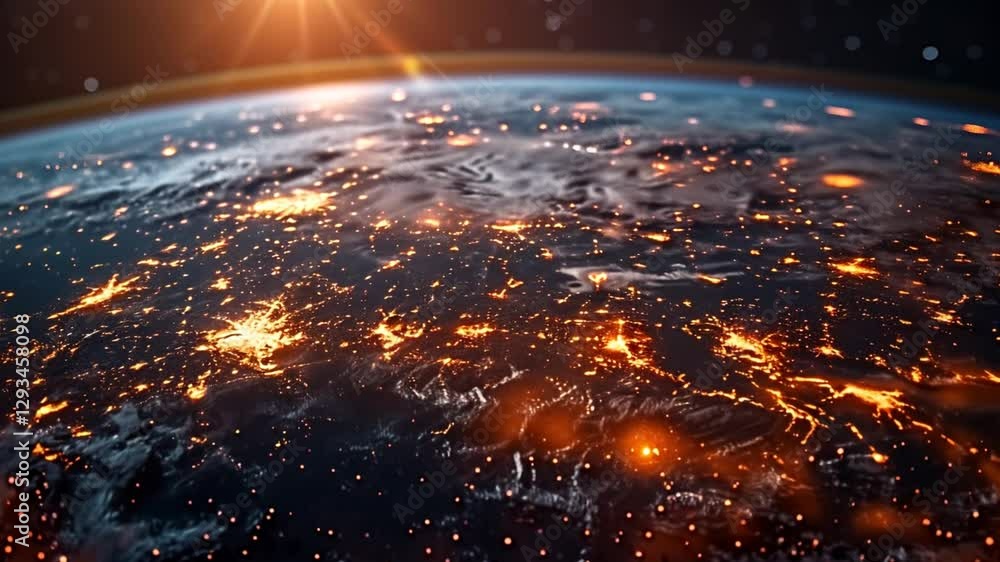 Poster network connects cities on a digital earth, showing global tech and finance. lines and dots form a d