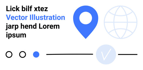 Map marker icon in blue, navigation line, global icon, circles, check mark. Ideal for user interface design, maps, navigation, location services web design global services landing page