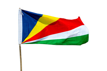Photo of a Seychelles flag on a pole, isolated on tranparent or white  background, png