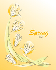 Yellow tulips. Spring time. Vector bouquet of spring flowers. Design for postcard, seasonal sale 