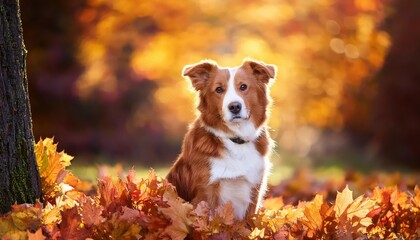 Adorable Dog Frolicking in Autumnal Meadow, Joyous Brown and Red Leaves Swirl around Playful Canine Amidst Crisp Air and Amber Sunlight, Capturing the Spirit of Natures Majesty.