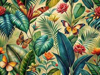 Vintage Tropical Palm Leaf Wallpaper with Butterflies & Plants - High-Resolution Stock Photo