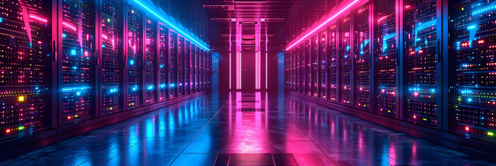 Fototapeta premium Futuristic data center corridor with neon blue and pink lights, technology server room interior