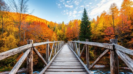 Wooden bridge over a stream in a forest during autumn. Beautiful fall colors.