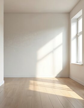 Residential empty room interior, natural sunlight and copy space. Modern mockup conceptual interiors plain walls, wooden floor, window with sunlight and shadows. Mock up for apartment sale or rent ad.
