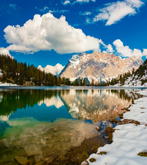 High resolution stitched alpine summer panorama with reflections at Lake Seebensee, Ehrwald, Reutte, Tyrol, Austria
