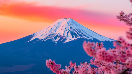 Mount Fuji Sunrise with Cherry Blossoms in Spring