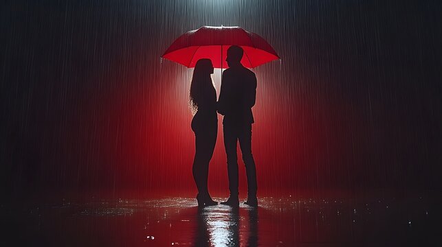 Rainy Night Embrace Under Red Umbrella
