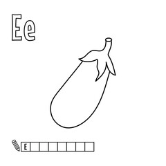 Alphabet for coloring, letter E, vector illustration, fruit and vegetable alphabet