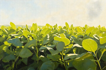 Obraz premium Vibrant Green Soybean Field Under a Bright Sky, Agricultural Abundance