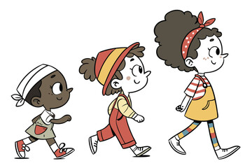 54 Cartoon children, diverse characters, simple line drawings, colorful outfits, playful poses, walking and running, multicultural, cheerful expressions, hand-drawn style, white background, whimsical,