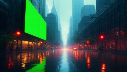 Rainy urban street scene with glowing neon lights and a large green billboard in the background