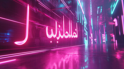Vibrant Pink Neon Arabic Calligraphy Futuristic Cityscape Glowing Lines Digital Art Abstract Background Modern Design Graphic Illustration Night Scene Technology Wallpaper Trendy Style Neon Lights    