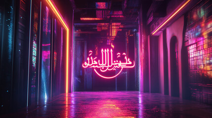 Vibrant Neon Arabic Calligraphy Night Cityscape Glowing Pink Purple Orange Retro Futuristic Digital Art Modern Urban Alleyway Intense Light Reflections Stylish Graphic Design Background High          
