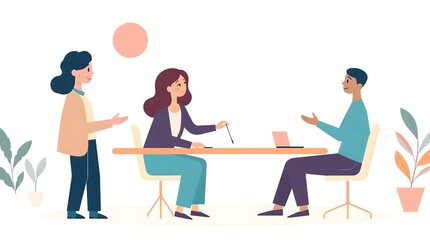 Digital Illustration of Three Stylized Characters in Modern Office Setting, Engaged in Discussion with Minimalistic Plants and Abstract Color Accent