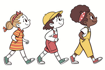 54 Cartoon children, diverse characters, simple line drawings, colorful outfits, playful poses, walking and running, multicultural, cheerful expressions, hand-drawn style, white background, whimsical,