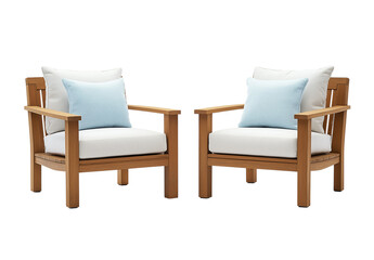 Fototapeta premium A pair of teak outdoor armchairs with white cushions and light blue pillows, against a white Transparent Background background