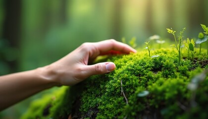 Fototapeta premium Close-up of hand gently touching vibrant green moss. Blured natural backdrop. Care, nature connection, eco awareness, environment protection. Fresh spring, summer growth, nature exploration, tranquil