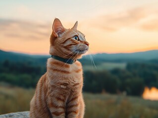 Obraz premium Curious orange cat enjoying sunset views over rolling hills outdoor nature scene peaceful landscape perspective