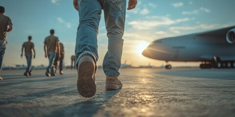 Migrants walking on tarmac at sunset, new life, immigration and hope