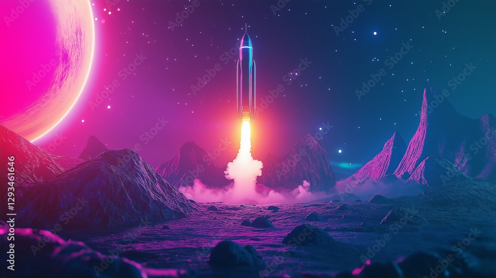 Poster a retro-futuristic rocket blasting off from a neon-colored planet