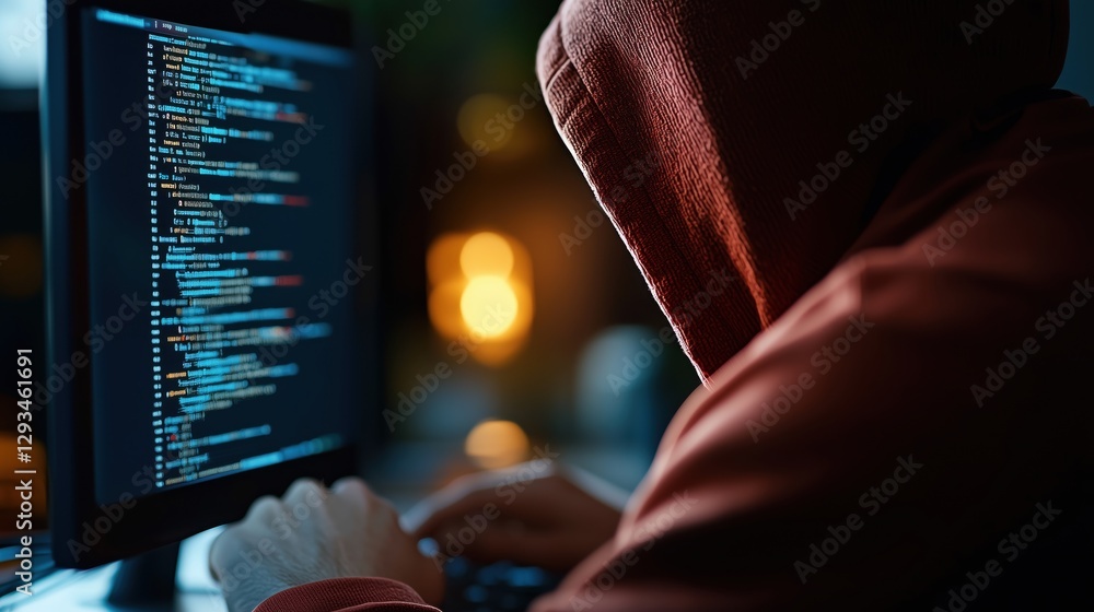 Poster mysterious individual with hooded sweatshirt coding in a dimly lit environment surrounded by lines o
