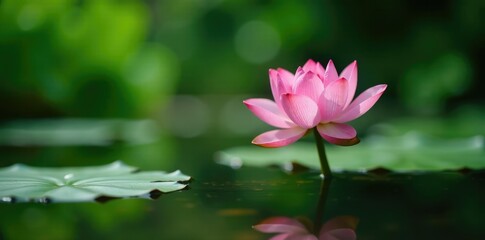 Obraz premium Pink lotus flower blooming in a shallow pond with green surroundings, peaceful, aquatic plant
