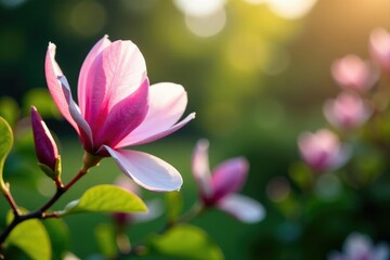 Fototapeta premium Pink magnolia flowers in a garden with lush greenery, blossom, garden flowers, spring blooms