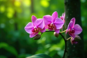 Pink orchid against a lush green tree foliage, botanical, plant