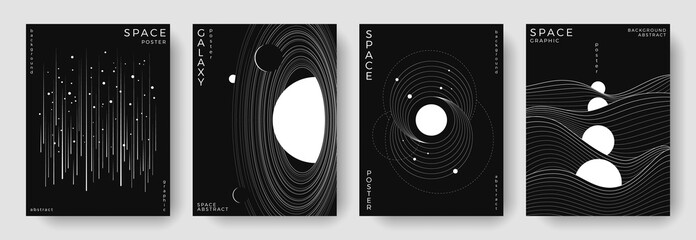 Set of abstract space astronomy backgrounds. Line art galaxy, universe, planet, solar system. Black and white science future concept. Cosmic minimal design for cover, poster, banner, flyer, brochure © Anastasiya Stoma
