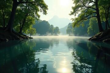 Silvery light on rippling lake waters, surrounding trees sway, peaceful, serenity, water
